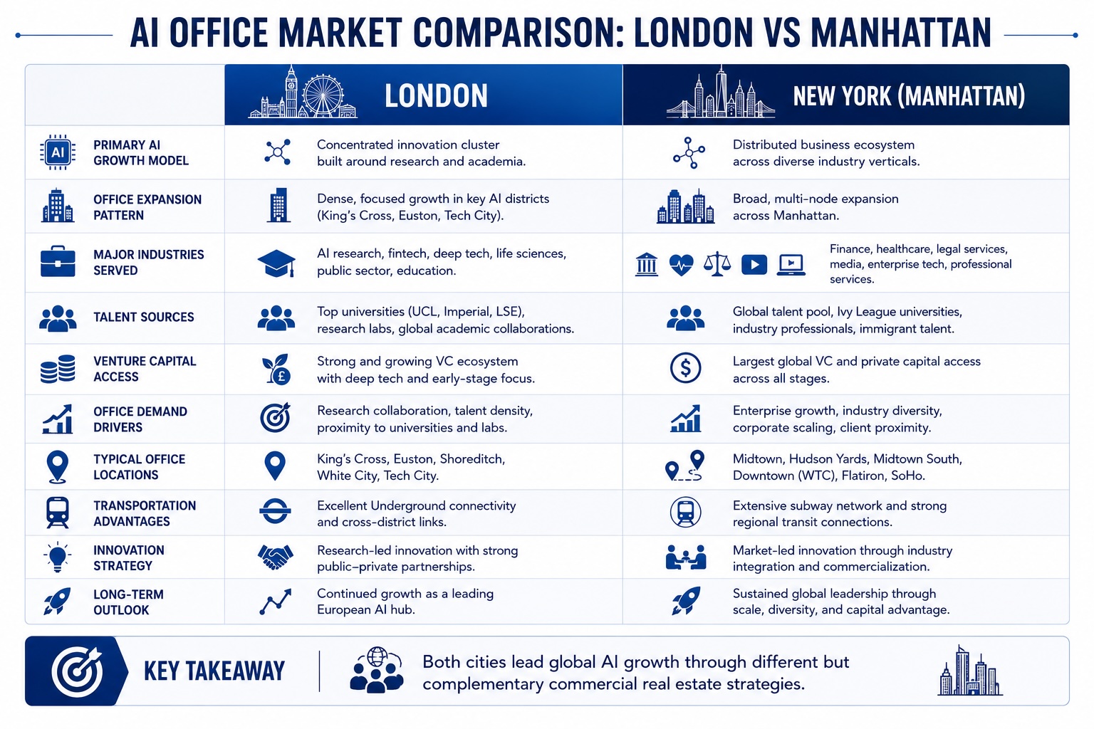 Comparison table showing London's concentrated AI office cluster model versus New York's distributed Manhattan artificial intelligence expansion strategy.
