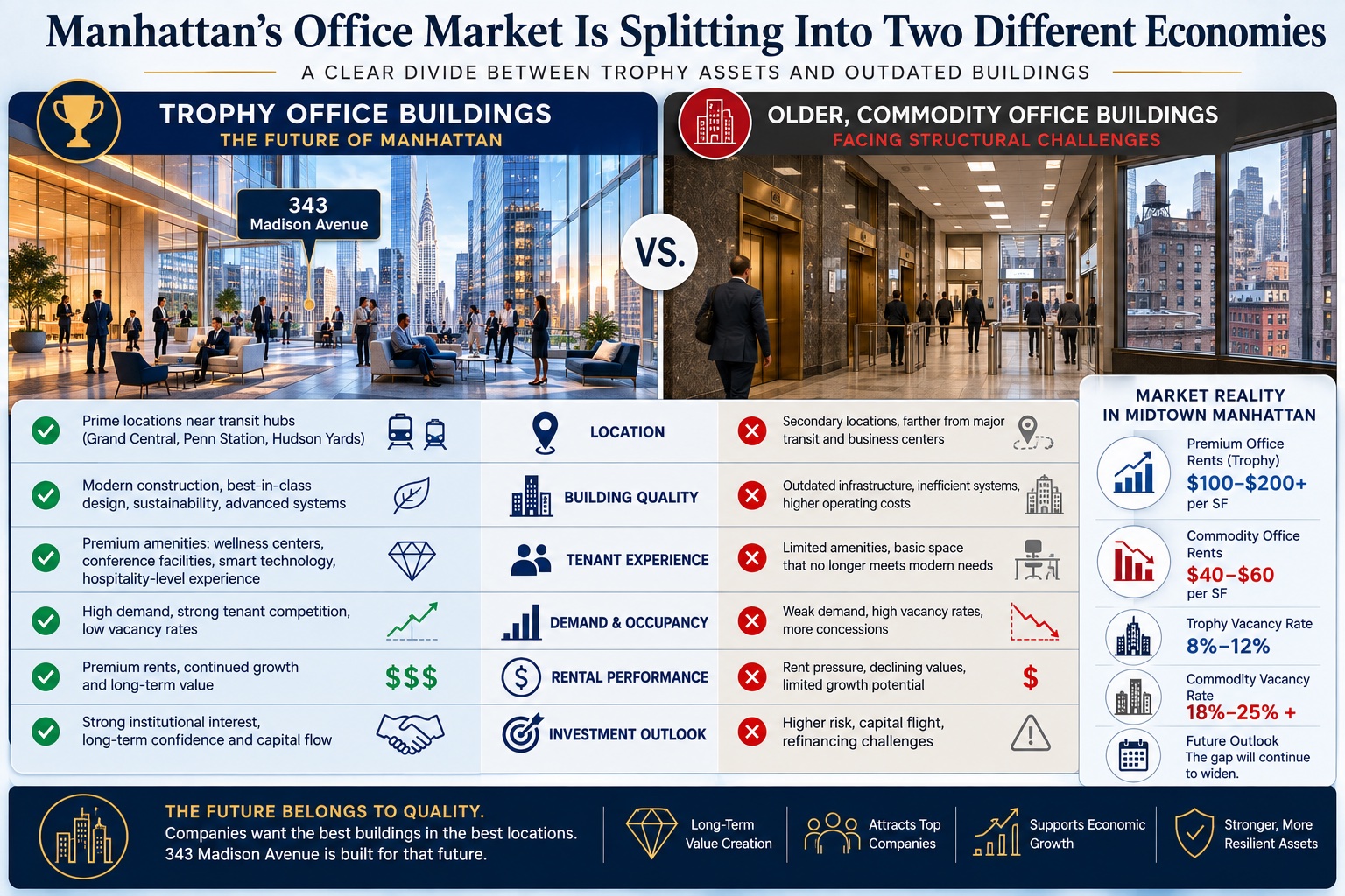 Infographic comparing Manhattan trophy office buildings and commodity office buildings on location, amenities, rents, vacancy, and investment outlook.