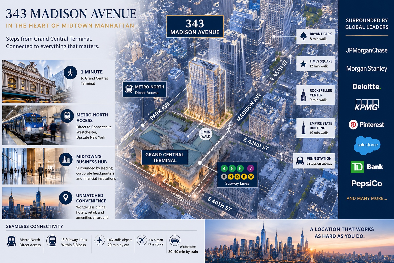 Infographic map showing 343 Madison Avenue one minute from Grand Central Terminal with Metro-North access and Midtown Manhattan transit connectivity.