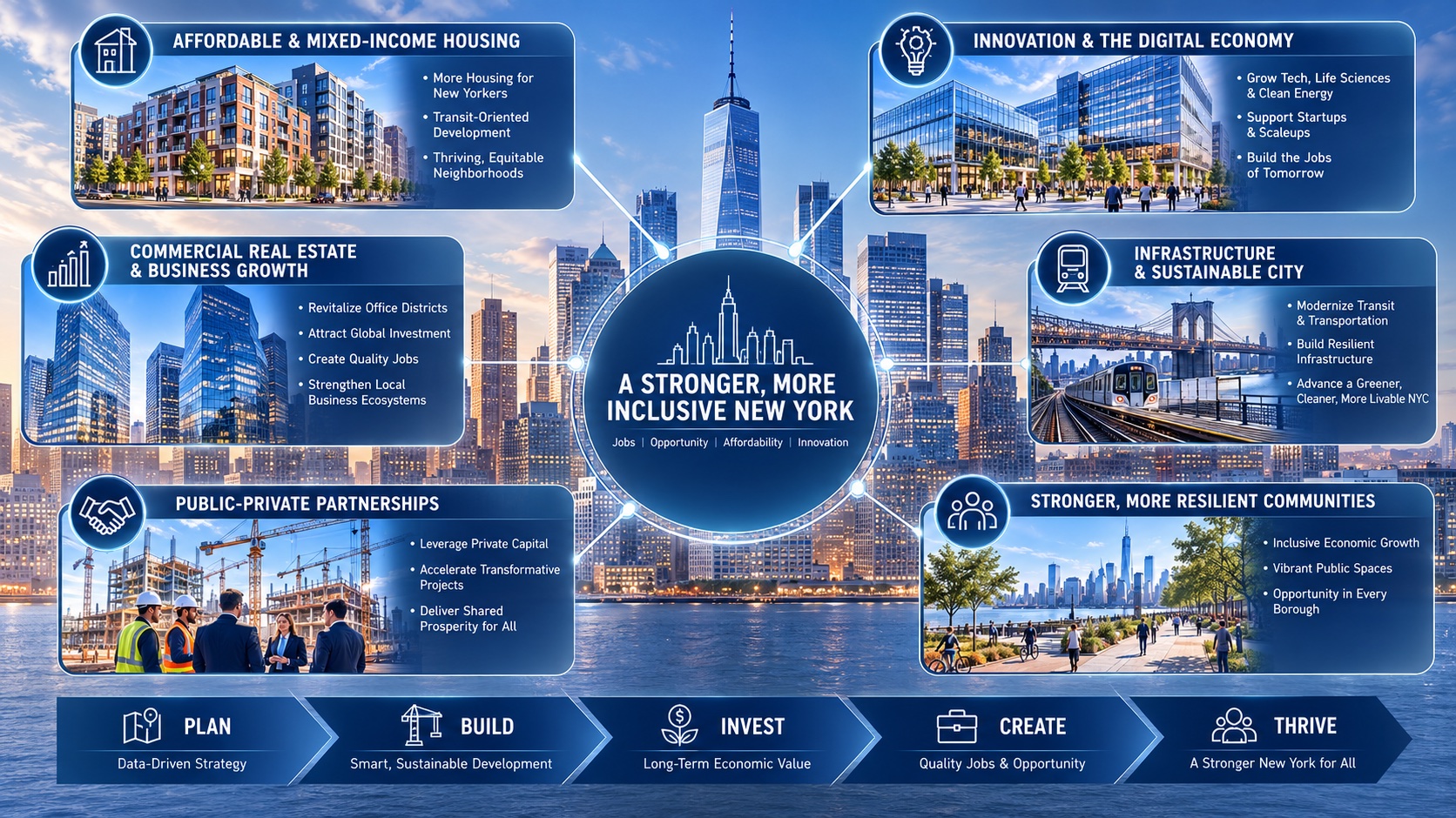 NYCEDC economic development infographic titled A Stronger, More Inclusive New York with six pillars including housing, commercial real estate, and innovation.