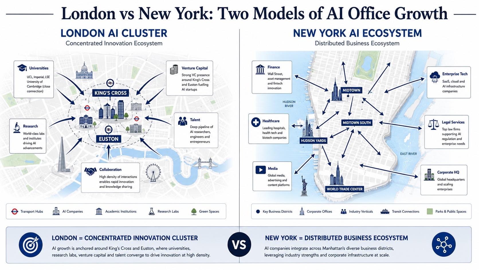 Infographic illustrating how artificial intelligence reshapes global office markets, comparing London's concentrated AI cluster with New York's distributed Manhattan expansion.
