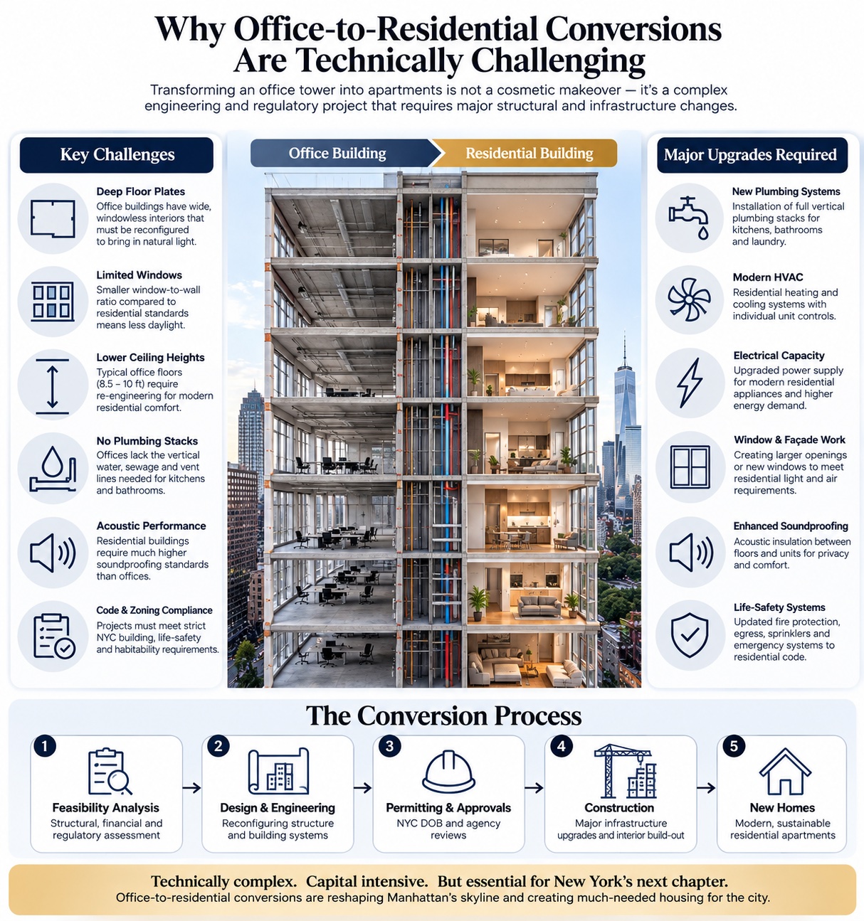 Structural and mechanical infrastructure upgrades inside a Manhattan office tower during office-to-residential conversion, showing building core systems work