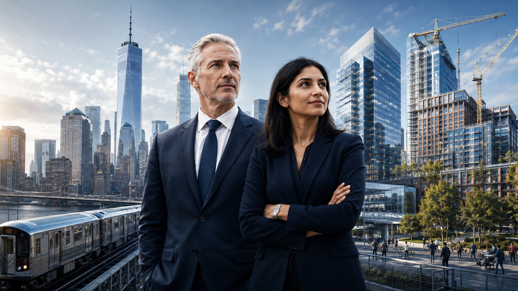 NYCEDC leadership portrait with Anthony Shorris and Lina Khan before a Manhattan skyline showing One World Trade Center and active construction cranes.