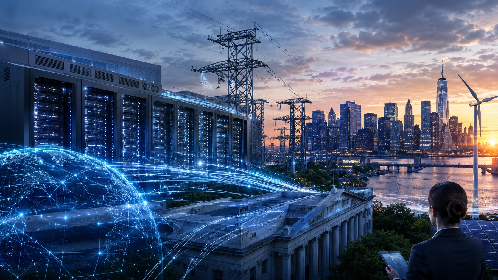 Illustration of New York City skyline with glowing data center servers, transmission towers, and wind turbines during a data center pause.