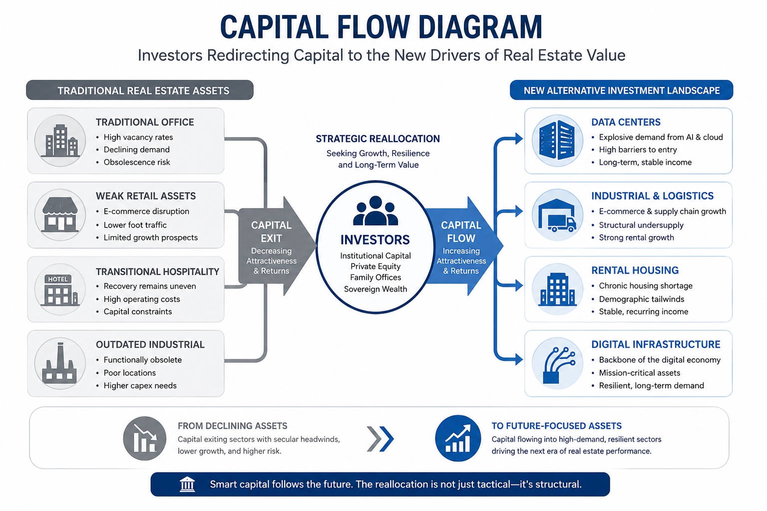 Infographic comparing structurally challenged commercial real estate assets against growth sectors in the new alternative investment landscape for private real estate.
