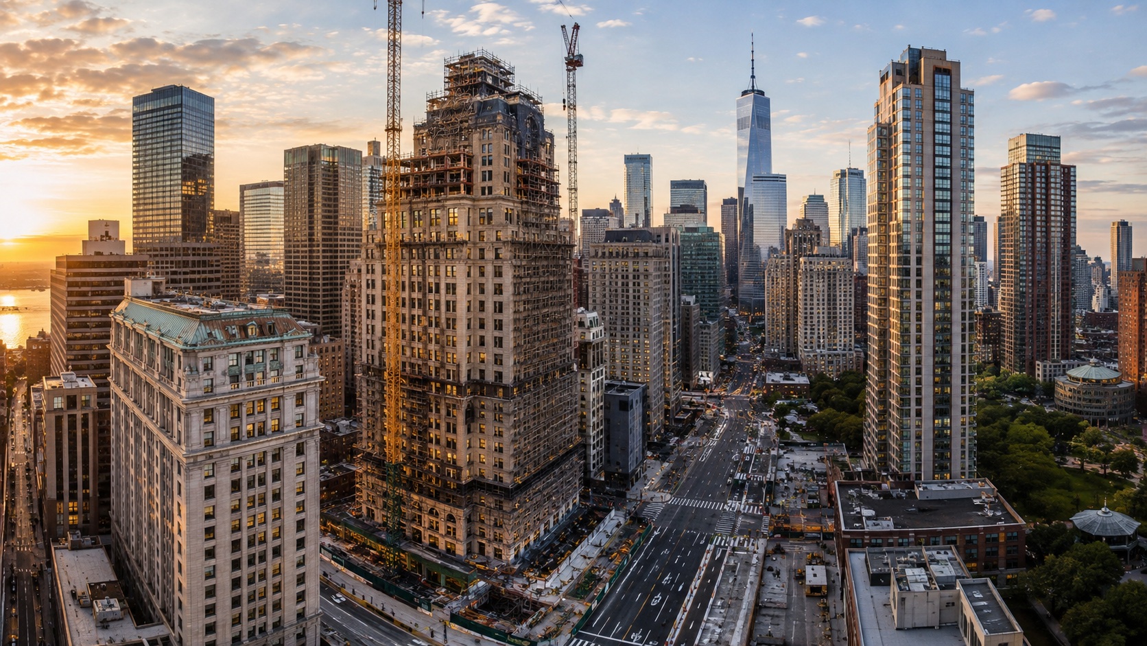 Exterior view of 222 Broadway office tower undergoing office-to-residential conversion in Manhattan Financial District, Wrey luxury redevelopment